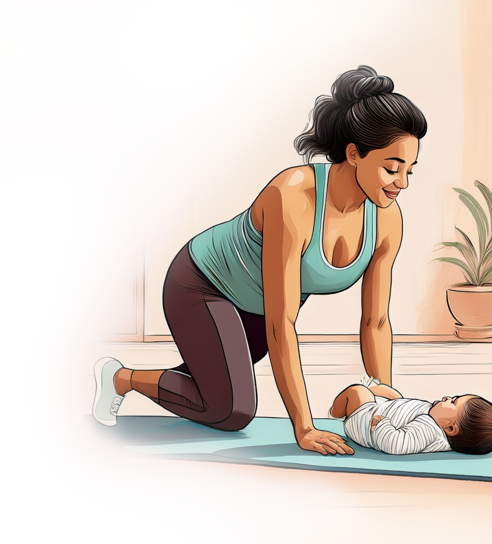 Eine Frau mit dunklen, hochgesteckten Haaren trägt ein türkisfarbenes Sporttop und dunkelbraune Leggings. Sie kniet auf einer blauen Matte und stützt sich mit beiden Händen ab. Vor ihr liegt ein Baby in weißer Kleidung auf dem Rücken. Im Hintergrund steht eine Pflanze in einem Topf auf einem hellen Boden. Die Szene vermittelt den Charakter eines Fitnesskurses für Beckenbodenworkout.