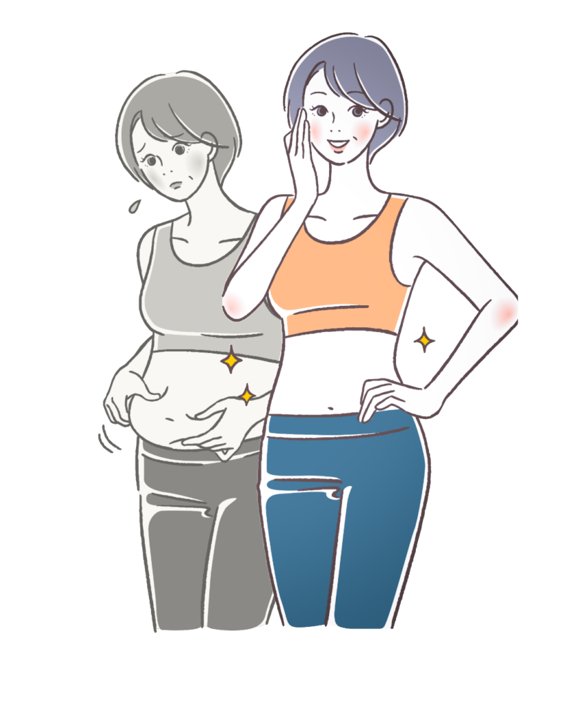 Zwei Frauen stehen nebeneinander. Die linke Frau trägt ein ärmelloses Oberteil und eine Hose, hält mit beiden Händen ihren Bauch und wirkt fülliger. Die rechte Frau trägt ein kurzes, orangefarbenes Sporttop und eine blaue Hose, steht aufrecht und legt eine Hand an die Wange. Ihr Bauch ist flach. Die Darstellung ist im Comicstil gehalten, mit klaren Linien und dezenten Farben. Um die Taille der rechten Frau sind kleine Glanzeffekte gezeichnet.
